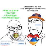 2soyjaks Astrofene_(namefag) OrientalTrollface_(user) angry armenaryan armenia banned_user bucket_hat christian_identity christianity clenched_teeth clothes flag:armenia glasses greentext hat holding_heart holding_object looking_at_you mustache namefag_drama nick_(namefag) satanist_warrior_(user) smile soyjak stubble subvariant:wholesome_soyjak text variant:feraljak variant:gapejak white_background yellow_teeth // 1920x1920 // 508.0KB