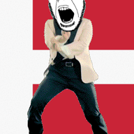 animated country dance denmark flag flag:denmark full_body gangnam_style glasses irl open_mouth push_pin soyjak sticky stubble variant:cobson // 300x460 // 531.2KB