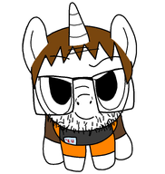 brown_hair closed_mouth clothes dan ear full_body glasses grey_shirt hair horn looking_at_you my_little_pony orange_shirt pony raised_eyebrow smirk soybooru stubble unicorn variant:trixiejak white_background // 3387x3582 // 869.0KB