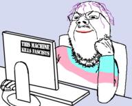 balding chair closed_mouth computer glasses keyboard lipstick makeup monitor mouse pink_hair smile smug stubble text tranny variant:gapejak // 452x363 // 105.5KB