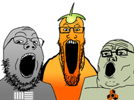 3soyjaks ableton bald eyebrows fl_studio glasses logo looking_at_you open_mouth reason_(daw) stubble teeth teeth_showing trend:soyjak_trio variant:gapejak variant:markiplier_soyjak variant:tony_soprano_soyjak white_background // 1500x1127 // 334.5KB