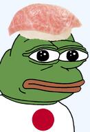 amphibian asia asian bald closed_mouth clothes country fish flag flag:japan food frog green_skin irl japan lips looking_at_you nas:pepe neutral otoro_nigiri pepe_the_frog rice series:pepe_hat sushi tshirt tuna tuna_belly // 1008x1479 // 512.9KB