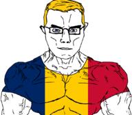 arm blond blue_eyes buff chad_(country) closed_mouth clothes country countrywar flag flag:chad glasses hair pun soyjak subvariant:chudjak_front subvariant:muscular_chud tshirt variant:chudjak vein // 1059x929 // 35.4KB