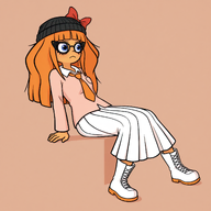 beanie blue_eyes boots bow closed_mouth clothes crossover full_body glasses hat looking_to_the_right mymy_(ongezellig) necktie ongezellig orange_hair orange_tie red_bow skirt variant:soytan // 2048x2048 // 2.8MB