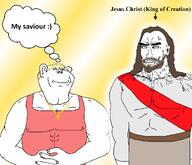 2soyjaks a10 arm beard blond blue_eyes brown_hair buff christian_cross christianity closed_mouth cross ear hair hand jesus jesus_christ necklace red_shirt soyjak stubble subvariant:impish_ameriaryan subvariant:impish_amerimutt subvariant:perceptive_chud text thought_bubble trend:aryan variant:chudjak variant:impish_soyak_ears white_shirt white_skin yellow_hair // 2048x1756 // 489.9KB