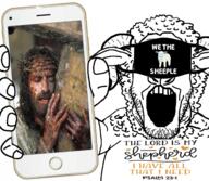arm christianity ear facemask hand holding_object holding_phone horn iphone jesus mask open_mouth phone sheep soyjak stubble subvariant:phoneplier subvariant:phoneplier_vertical text variant:markiplier_soyjak // 2160x1884 // 2.6MB