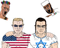 arab beard blond bloodshot_eyes clothes flag:israel flag:palestine flag:united_states friendship glasses hat islam israel muscles native_american open_mouth palestine pointing star_of_david subvariant:muscular_chud united_states variant:chudjak variant:soyak // 1249x1000 // 310.2KB