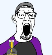 award badge bald clothes ear glasses grey_hair james open_mouth purple_shirt soyjak soyteen variant:gimper white_skin wrinkles // 947x990 // 69.5KB