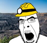 angry clothes coal glasses hat headlamp helmet irl_background mine miner mining_helmet open_mouth soyjak stubble variant:cobson // 978x900 // 831.5KB