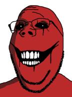 closed_mouth glasses horror looking_at_you nightmare_fuel ominous red_skin shadow smile soyjak stubble subvariant:wholesome_soyjak teeth variant:gapejak // 600x800 // 13.0KB