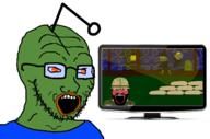 2soyjaks antenna arm army blush camouflage clothes clown combat_helmet computer country flag frog glasses green green_skin helmet military military_uniform open_mouth orange_eyes pepe red_face reddit screen soyjak stubble subvariant:science_lover united_states variant:markiplier_soyjak variant:soyak // 1416x933 // 521.3KB