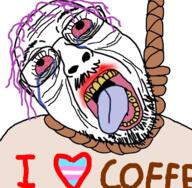 bloodshot_eyes clothes coffee crying flag glasses hair hanging i_love mustache open_mouth purple_hair rope soyjak stubble suicide text tongue tranny variant:bernd wrinkles yellow_teeth // 726x711 // 475.2KB