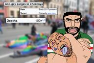 arm beard bloodshot_eyes boy_lover brown_skin buff chechnya choke_hold chud clothes ear faggot flag:chechnya flag:lgbt_pride_flag glasses hair hand headlock makeup open_mouth pedophile russia series:chud's_hitman soyjak strangling stubble subvariant:pol_face template the_weak_should_fear_the_strong tongue transparent_background tshirt variant:bernd variant:chudjak white_skin wikipedia // 2048x1365 // 1.7MB