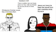 3soyjaks ace_of_spades bible black_skin blacked christianity galatians_(bible) galatians_3:28 jesus muscles romans subvariant:chudjak_front trend:aryan variant:chudjak yellow_hair // 1273x733 // 327.5KB