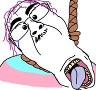 ack clippy crying glasses noose open_mouth purple_hair rope stubble suicide tongue tranny transgender_flag troon variant:bernd white_background white_skin yellow_teeth // 768x719 // 35.5KB