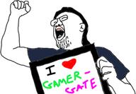 arm clothes ear fist gamergate glasses hair hand holding_object i_love open_mouth soyjak stubble text tshirt variant:unknown // 457x317 // 55.5KB