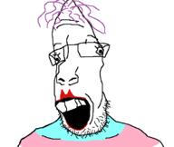 flag flag:transgender_pride_flag glasses lips lipstick open_mouth purple_hair soyjak stubble teeth tranny transgender_flag variant:parrotjak // 682x576 // 23.4KB