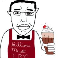 apron bartender bowtie cherry closed_mouth ear glass glasses hair hand ice_cream_float millions_must_die pun smile soyjak subvariant:chudjak_front text variant:chudjak whipped_cream // 649x647 // 62.8KB