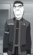 RK800 androids_winning closed_mouth detroit_become_human glasses hair jacket necktie raid_(soyjak_party) soyjak_party stubble text variant:cobson // 1242x2048 // 226.8KB