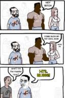 angry bbc bloodshot_eyes breasts buff clothes comic crying glasses hair i_love its_da_jooz jeans nazism negro pill soyjak speech_bubble swastika teeth text tshirt variant:chudjak // 517x776 // 536.2KB