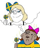 2soyjaks blue_eyes bowtie brown_hair brown_skin closed_mouth clothes country ear flag hair holding_lollipop holding_object lollipop queen_of_spades redraw smile spade stinky subvariant:kranos subvariant:soylita sweden thought_bubble variant:gapejak variant:impish_soyak_ears yellow_hair // 1070x1280 // 120.4KB