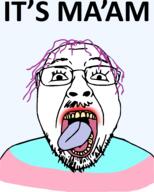 clothes flag glasses hair its_over lipstick open_mouth purple_hair soyjak stubble text tongue tranny variant:bernd yellow_teeth // 4800x5989 // 507.3KB