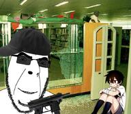 baseball_cap book broken_glass clothes columbine glasses grey_skin gun hair lee_hooni library smile soyjak stubble suicide_boy sunglasses tec-9 teeth variant:cobson // 875x755 // 1.1MB