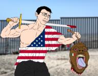 ack beheaded blood bloodshot_eyes border buff classical_art_parody clothes crying david_and_goliath eyes flag:mexico flag:united_states glasses gore hair head looking_down mexico neck robe rope series:mexican-american_countrywar subvariant:muscular_chud sword teeth tongue tongue_out united_states variant:chudjak variant:isaac wall weapon yellow_teeth // 2048x1588 // 1.5MB