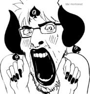 black_lipstick blush brimstone glasses hair horn looking_at_you meta:tagme queen_of_spades spade stubble variant:cobson white_eyes white_iris white_sclera // 843x874 // 18.8KB