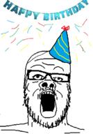 birthday clothes glasses hat open_mouth party party_hat soyjak stubble text variant:a24_slowburn_soyjak // 500x714 // 97.5KB