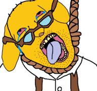 bloodshot_eyes clothes crying dog ear glasses hanging janny no_eyebrows open_mouth rope soyjak stubble suicide suspenders tongue variant:bernd yellow_skin // 768x719 // 142.8KB