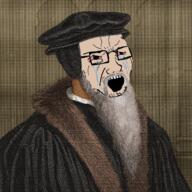 beard calvinism christianity crying hair john_calvin open_mouth painting red_eyes religion soyjak stubble teeth variant:soyak white_skin // 736x736 // 1.5MB