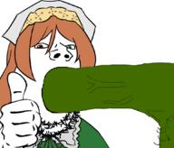 anime bbc blowjob clothes desu frog green_eyes green_skin hand hat heterochromia meta:pornographic_content nsfw open_mouth orange_hair penis pepe red_eyes rozen_maiden soyjak stubble subvariant:blowjob_gapejak suiseiseki thumbs_up variant:gapejak // 1056x903 // 163.9KB