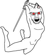 angry antenna body fingers foot full_body glasses hand jumping lunging red_eyes reddit redditard subvariant:pettygod sword teeth two_arms variant:feraljak wrinkles // 541x557 // 39.3KB