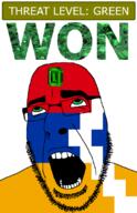 ahegao artsakh country emerald flag flag:artsakh gem glasses green green_eyes hair looking_up open_mouth schlog_color_event soyjak soyjak_blog stubble teeth text threat_level_green variant:cobson won // 721x1115 // 139.5KB