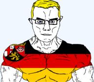 arm blue_eyes buff closed_mouth clothes flag flag:rhineland-palatinate germany glasses hair rhineland-palatinate soyjak subvariant:chudjak_front subvariant:muscular_chud transparent transparent_background tshirt variant:chudjak vein yellow_hair // 1059x929 // 80.7KB