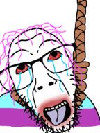 ack bloodshot_eyes clothes crying dead glasses hanging lipstick open_mouth purple_hair rope soyjak stubble subvariant:dykeson tongue tranny variant:dylanjak yellow_teeth // 960x1280 // 337.4KB