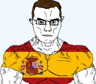 brown_hair brown_skin buff closed_mouth ear flag flag:spain glasses hair soyjak spain subvariant:chudjak_front subvariant:muscular_chud variant:chudjak vein // 1059x929 // 88.5KB