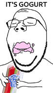 arm closed_eyes eating food glasses gogurt hand holding_object its_over smile soyjak stubble subvariant:wholesome_soyjak text variant:gapejak // 600x1053 // 203.9KB