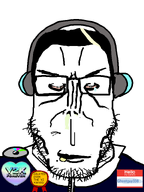 'ki award bloodshot_eyes collared_shirt disc drool eyebrows ghostguy338_(namefag) glasses hair headphones heart hello_my_name_is_(sticker) jacket meta:self_insert mucus nas:award series:fusionjaks soyjak_wiki stubble subvariant:chudplier subvariant:euromutt tear_drop variant:chudjak variant:markiplier_soyjak y2k // 600x800 // 81.0KB
