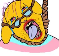 bloodshot_eyes clothes crying dog ear flag glasses hair hanging janny lipstick no_eyebrows open_mouth purple_hair rope soyjak stubble suicide tongue tranny variant:bernd yellow // 768x719 // 226.4KB
