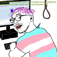 2soyjaks >:3 blahaj bloodshot_eyes computer ear eyebrows flag:transgender_pride_flag forehead_lines glasses keyboard lips lipstick looking_at_you meta:namefags monitor mustache noose nose op_is_aryan pink_hair pinkpooner pinkstew_(user) purple_skin rope screenshot shark soybooru stubble subvariant:massjak subvariant:massmeowjak teeth text tranny transgender_flag troon typing variant:gapejak variant:zoomer_on_computer white_background wig
