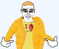 arm closed_mouth clothes ear glasses hair hand i_love jacket pointing smile soyjak subvariant:chudjak_front sunglasses text variant:chudjak yellow yellow_hair // 618x516 // 218.1KB
