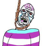anhero bloodshot_eyes clothes crying flag flag:transgender_pride_flag glasses hanging open_mouth purple_hair rope stubble tongue tranny variant:sidjak yellow_teeth // 506x548 // 51.4KB