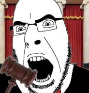 angry clothes gavel glasses irl_background judge law open_mouth soyjak stubble suit variant:cobson // 676x707 // 286.3KB
