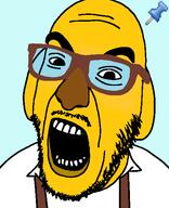 angry animal bald blue_background clothes dog ear glasses janny mouth_open mustache snout sticky stubble variant:tokjak yellow yellow_skin // 463x571 // 40.4KB