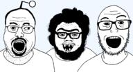 3soyjaks antenna bald balding beard crooked_teeth glasses hairy mustache nu-old_trio open_mouth series:trios_&_duos template thick_eyebrows transparent_background ugly variant:bapjak variant:tvjak variant:vidyajak // 1336x734 // 50.4KB