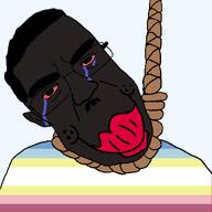 ack black_skin bloodshot_eyes clothes crying flag:minor_attracted_person flag_shirt hair hanging lips moustache nigger noose pedophile red_lips rope subvariant:patrick suicide variant:chudjak // 1120x1120 // 35.3KB