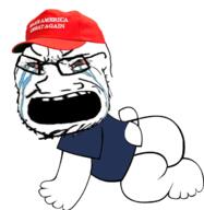 arm baby bloodshot_eyes cap clothes crying diaper distorted donald_trump full_body glasses hand hat leg maga open_mouth politics soyjak stubble tshirt united_states variant:soyak // 680x697 // 269.5KB