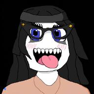 black_background blue_eyes blush clothes glasses hair necklace nigger_generated sharp_teeth tongue variant:soytan watermark // 1024x1024 // 411.5KB